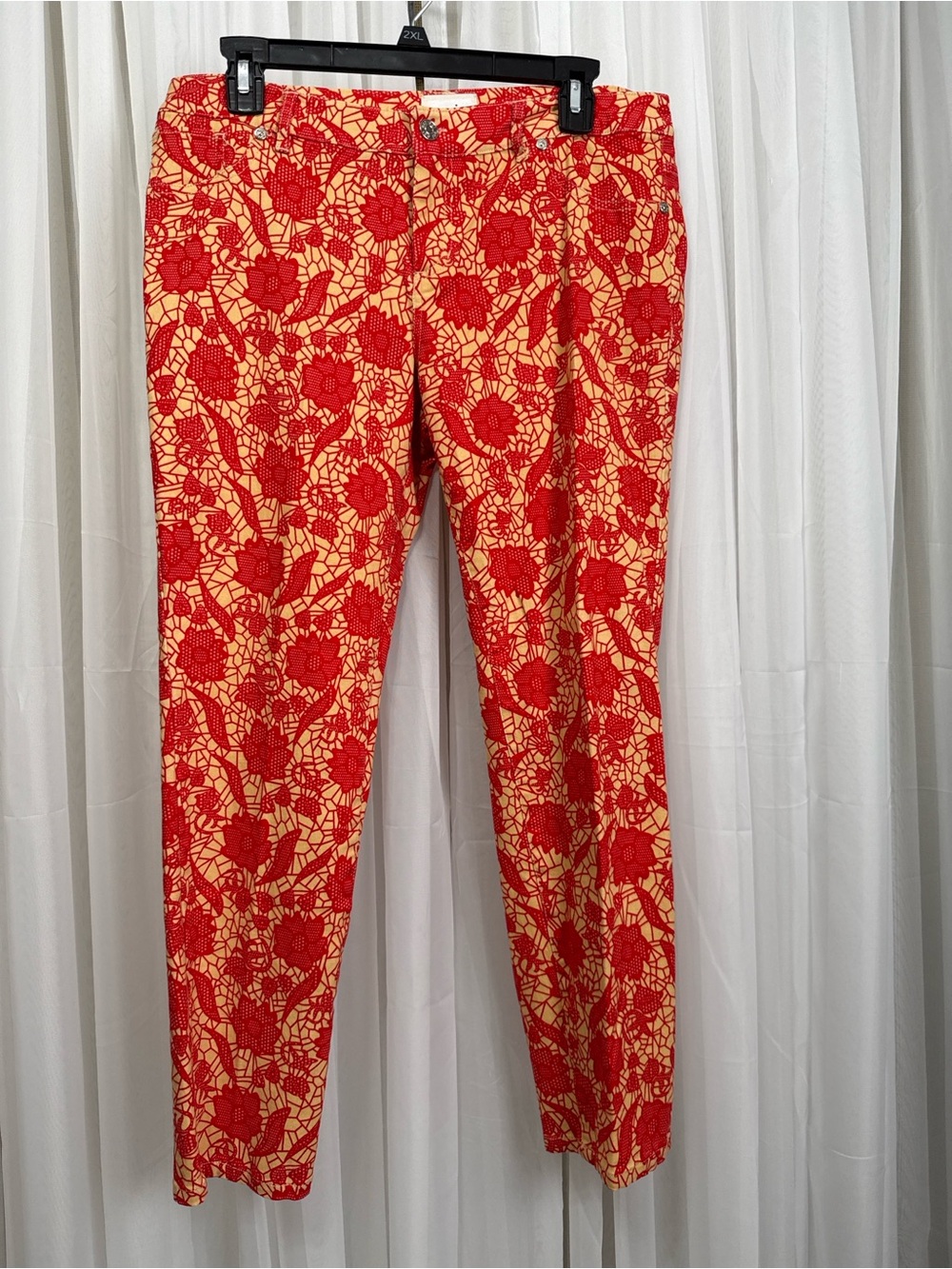 ECI New York Floral Print Ankle Pants Size 8 Red Beige Stretch Cotton Cropped